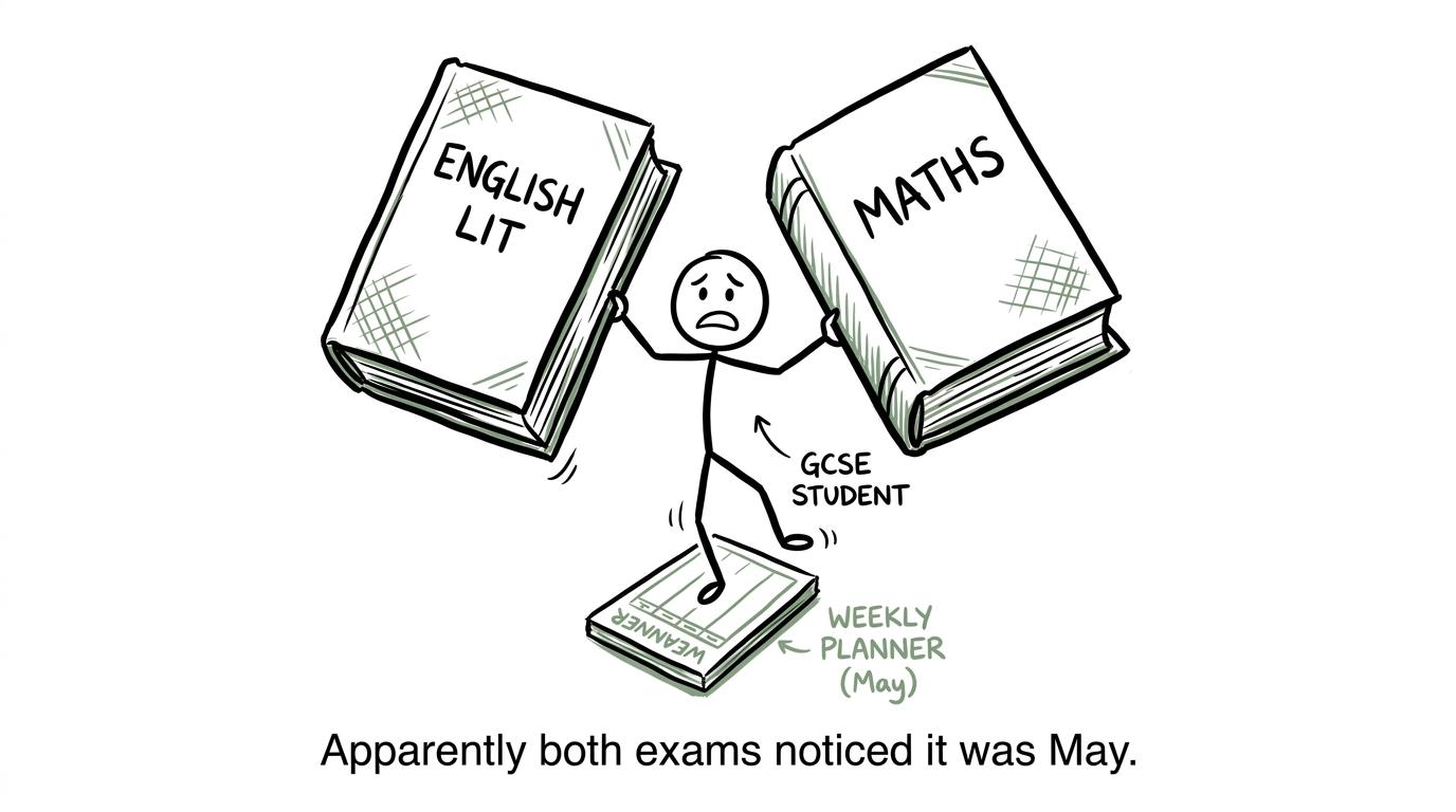 A student balancing English Literature and maths on a tiny planner