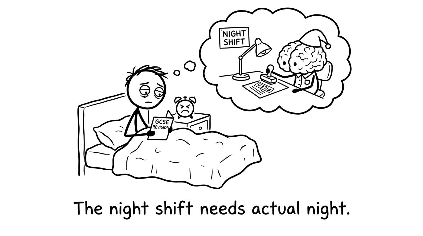 A cartoon brain working the night shift while a student sleeps