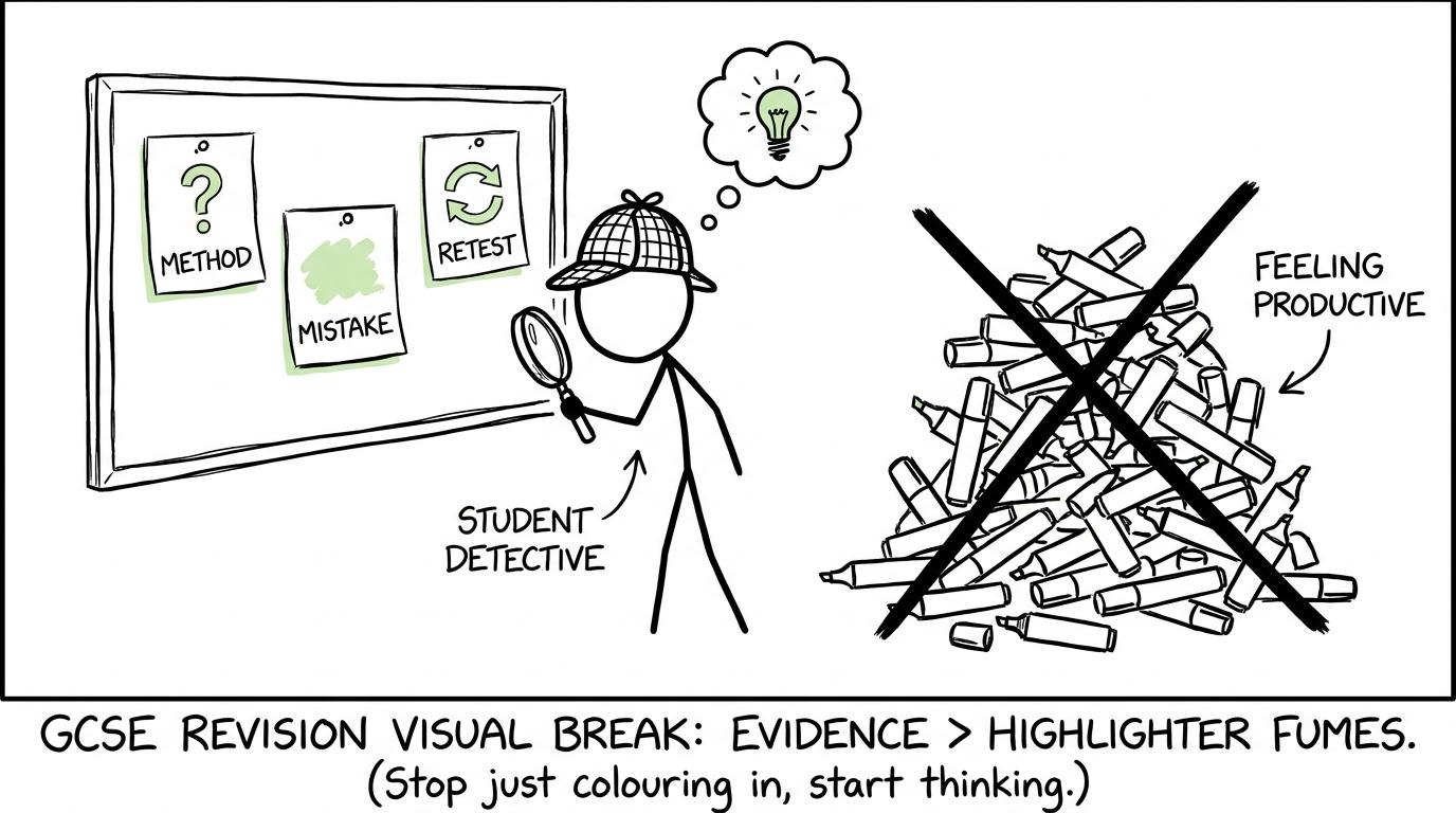 A student detective follows clues labelled method, mistake and retest instead of investigating highlighter pens