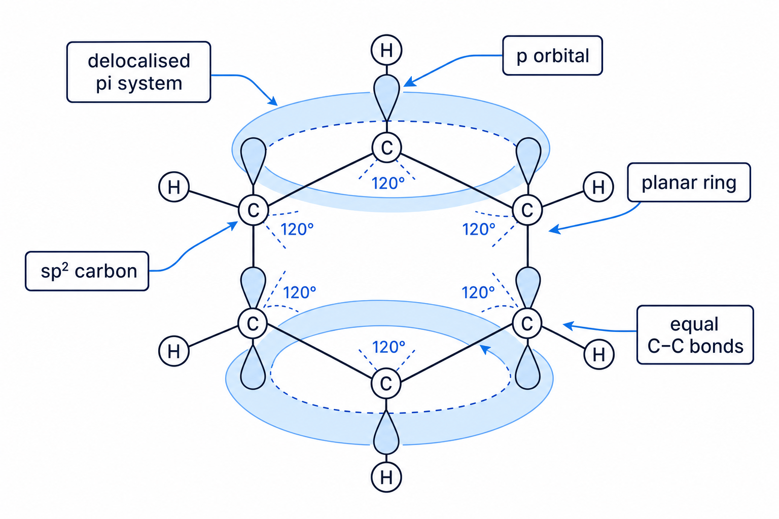 Bonding diagram of benzene showing six trigonal planar carbons in a planar ring, perpendicular p orbitals, and a delocalised electron cloud above and below the ring