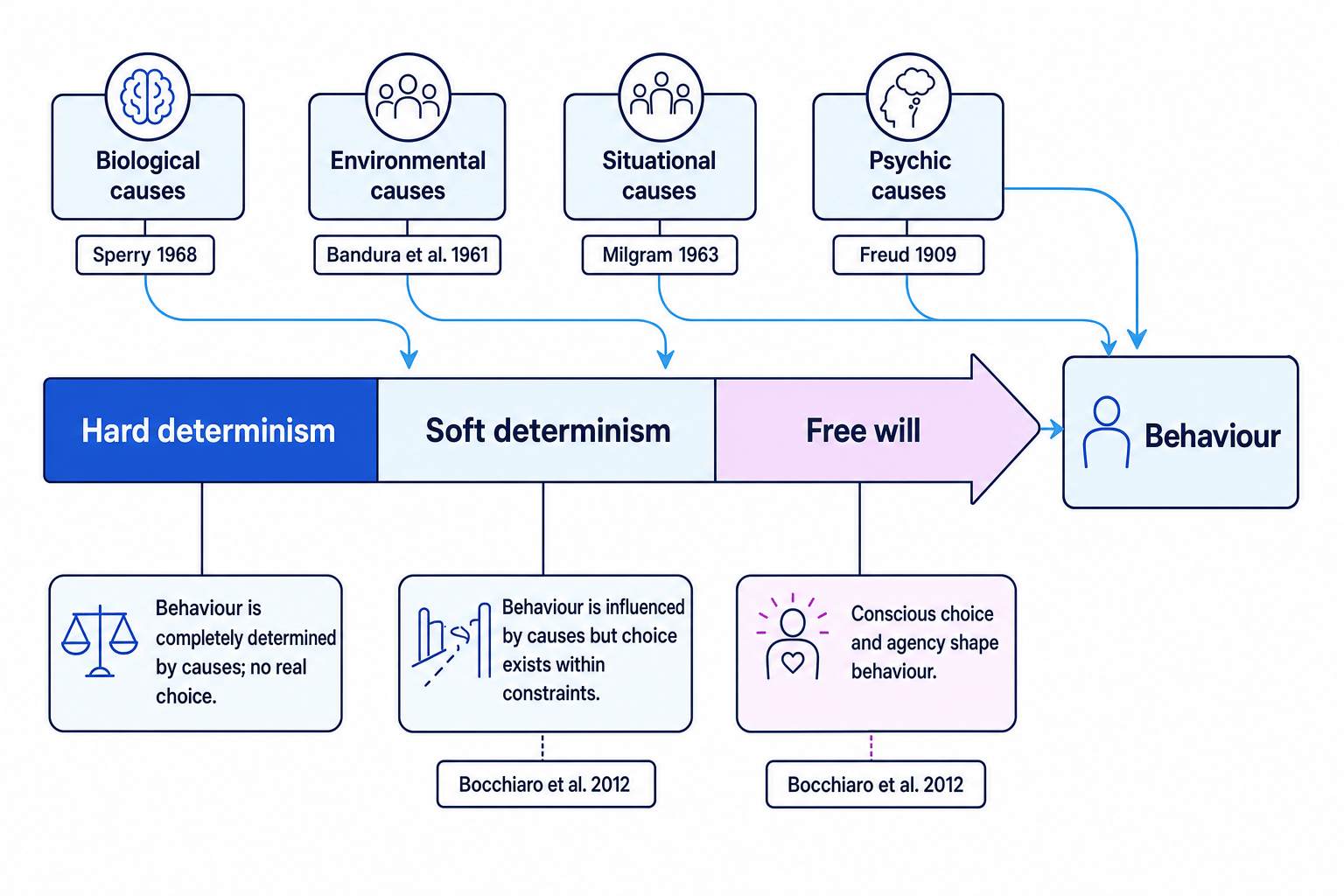 Continuum from hard determinism to free will with biological, environmental, situational, and psychic causes linked to behaviour
