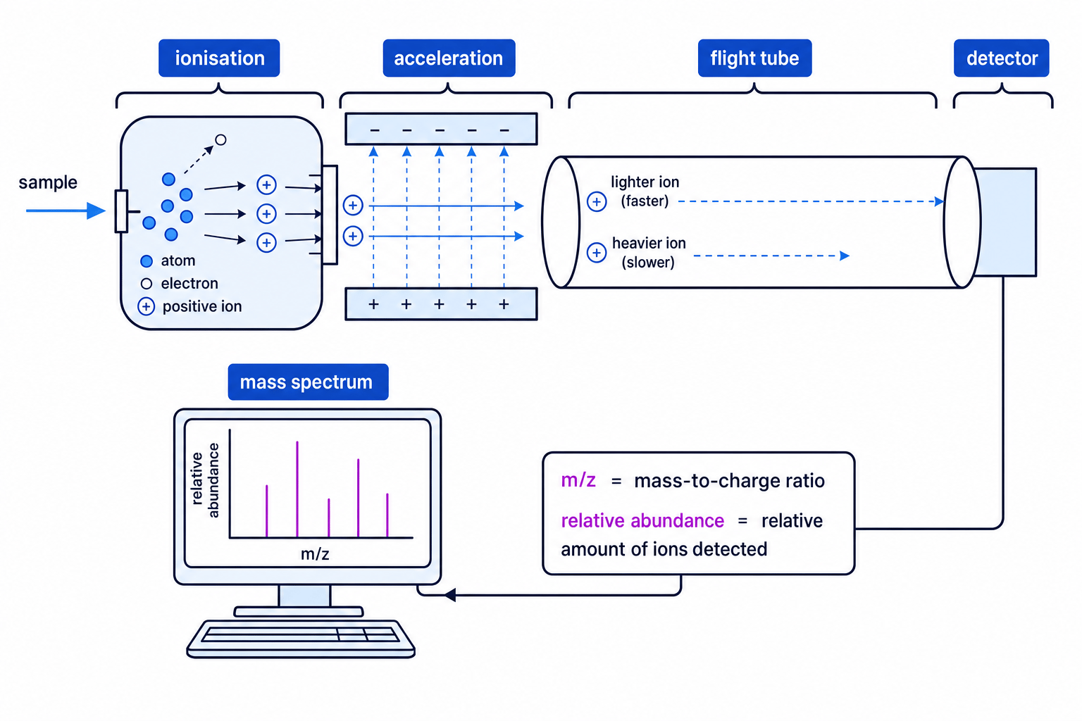 Labelled schematic of a mass spectrometer showing ionisation, acceleration, flight tube, detector and mass spectrum output