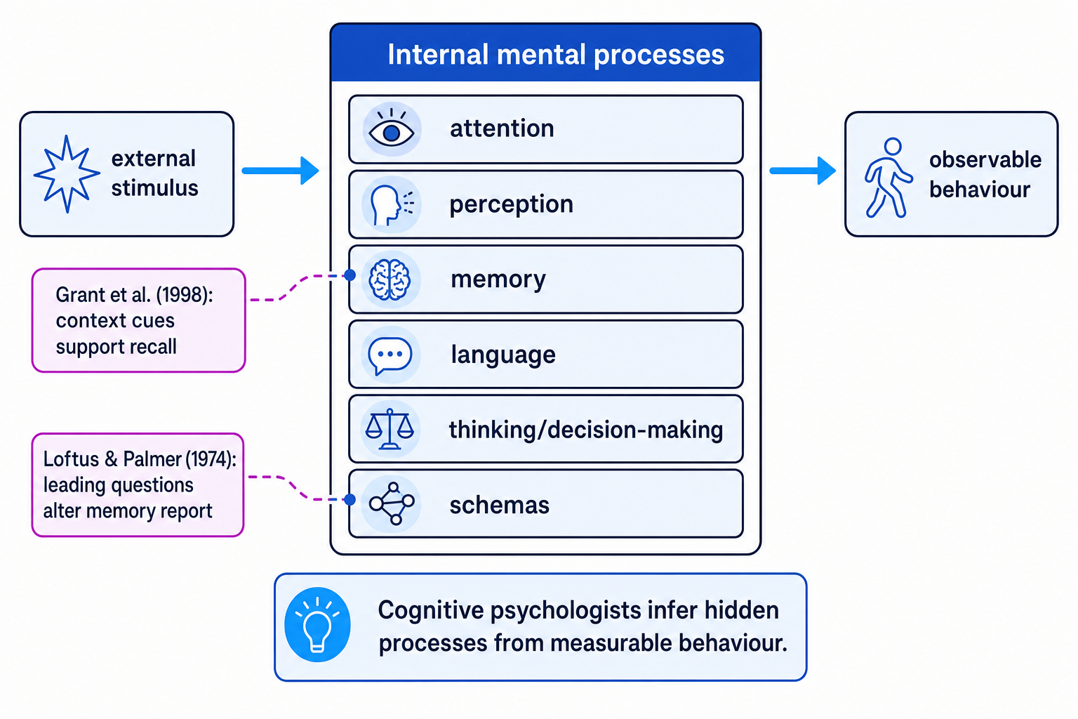 Schematic of the cognitive area showing stimulus, internal mental processes and observable behaviour