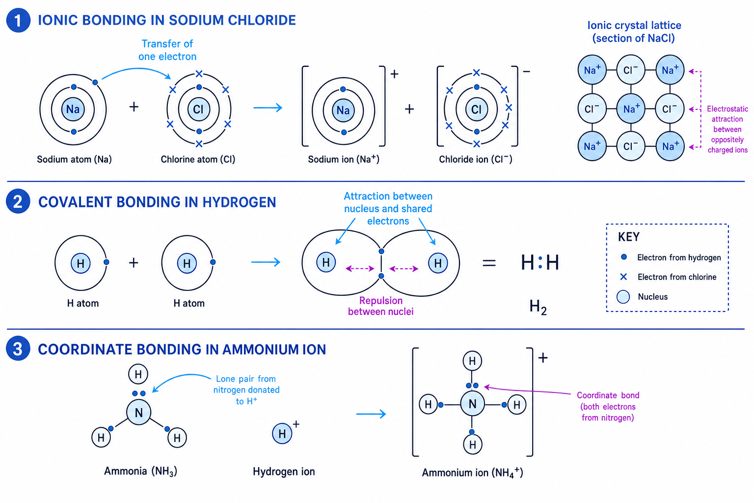 Dot-and-cross diagrams comparing ionic, covalent and coordinate bonding