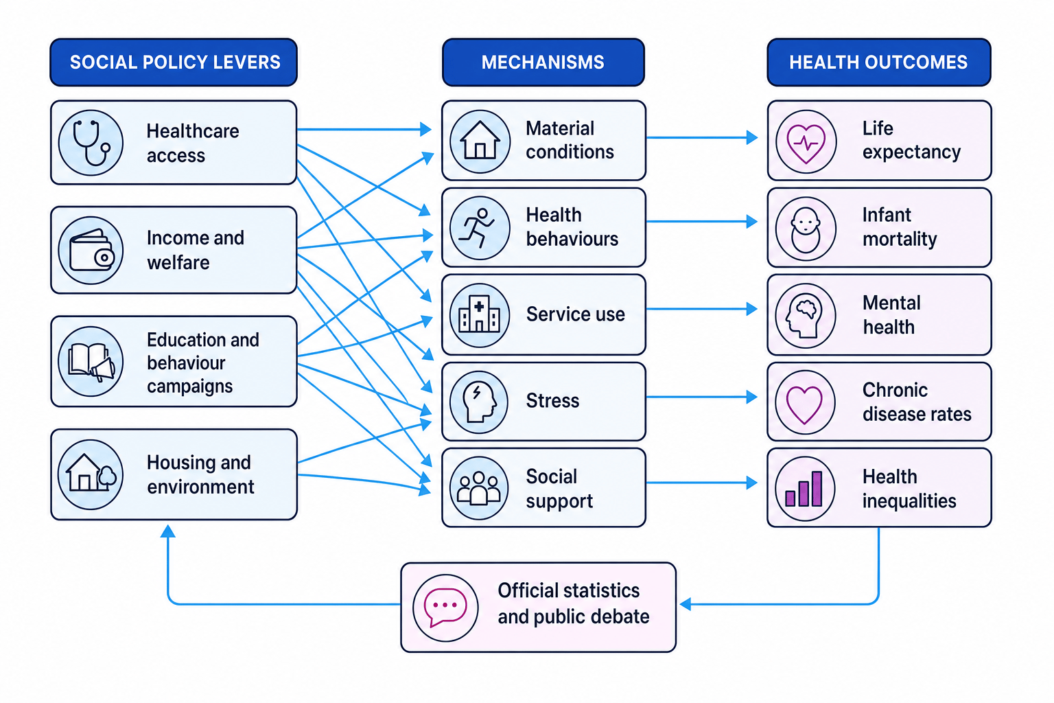 A schematic showing social policy levers, mechanisms and health outcomes