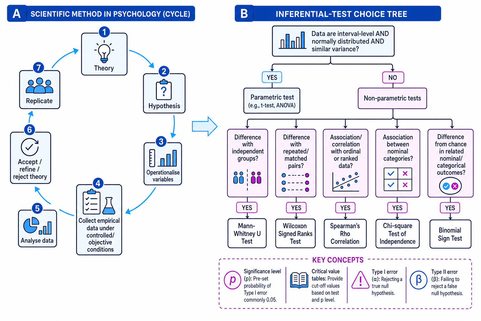 Diagram showing the scientific method cycle and a decision tree for choosing inferential tests in psychology