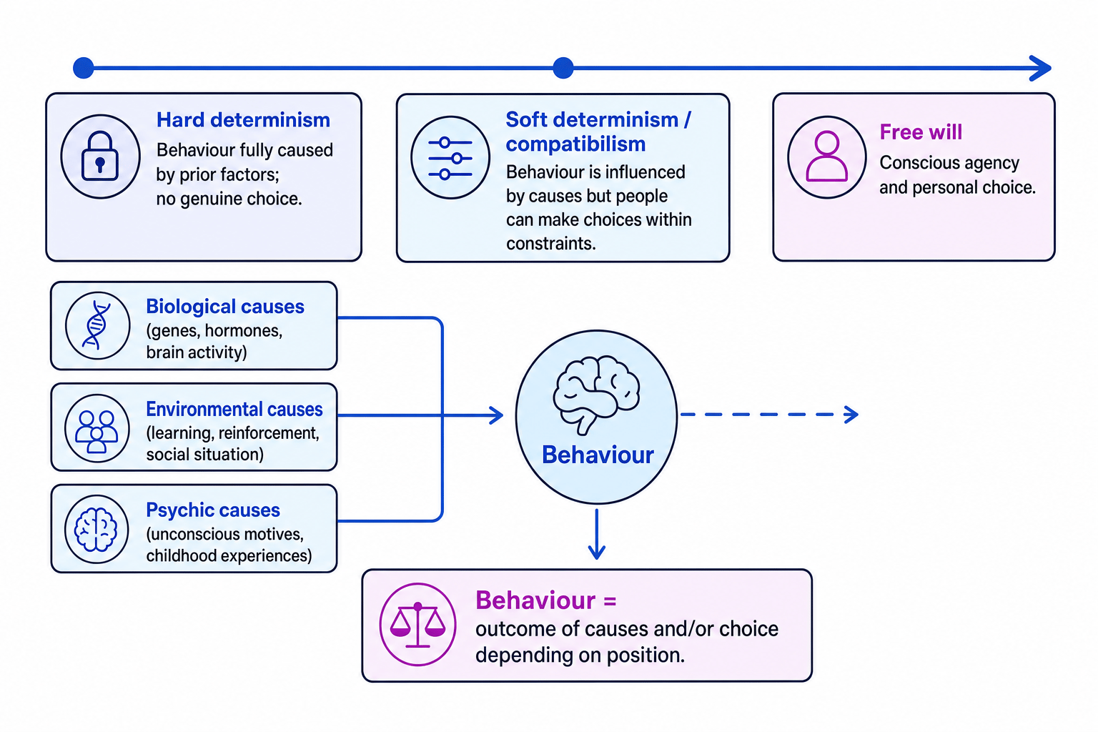 Continuum showing hard determinism, soft determinism, and free will, with biological, environmental, and psychic causes feeding into behaviour