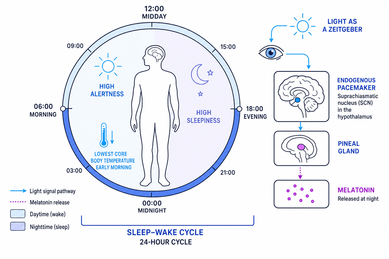 Diagram of light acting as a zeitgeber through the eye, SCN and pineal gland to regulate melatonin and the sleep-wake cycle