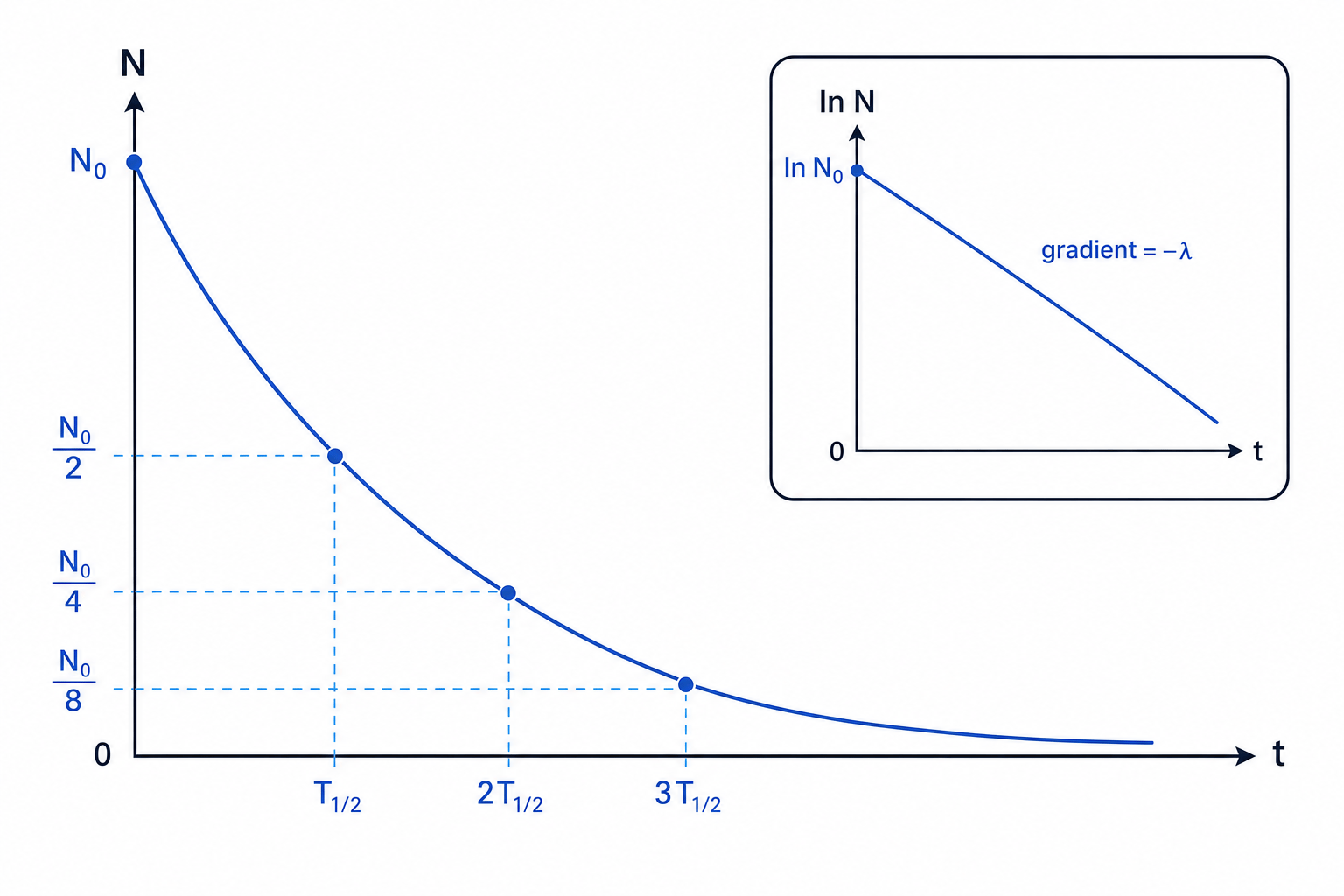 Exponential radioactive decay graph with half-life markings and linear ln N against time inset