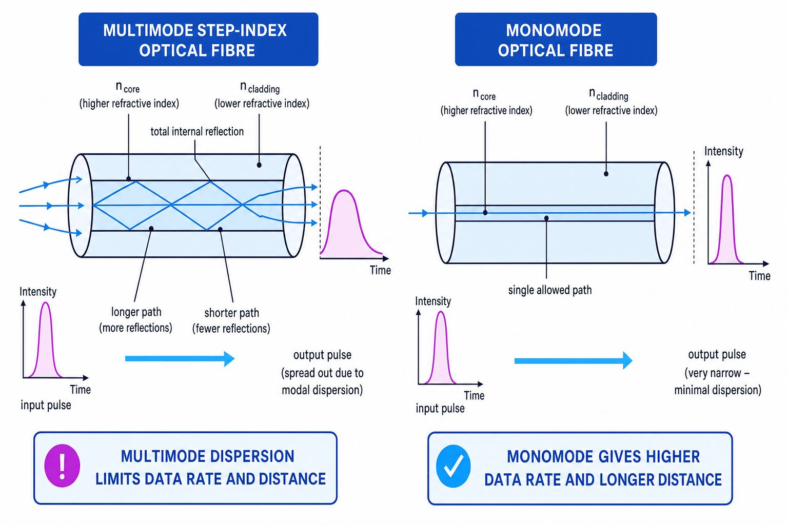 Optical fibre diagram comparing multimode and monomode fibres
