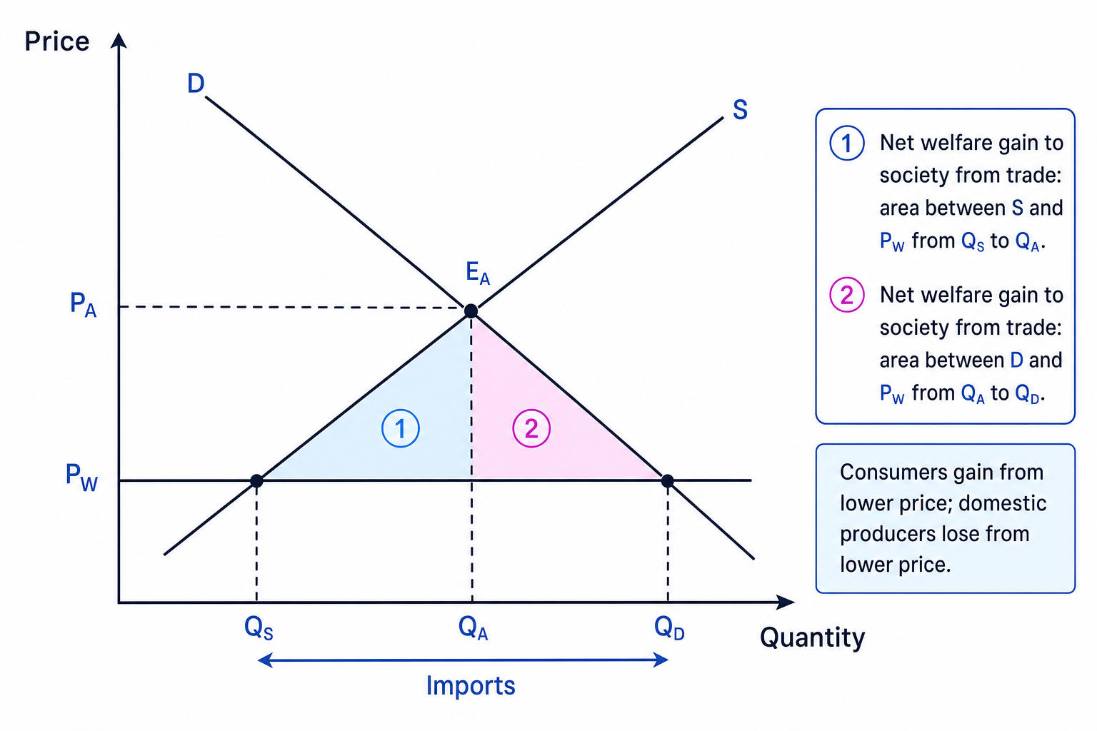Domestic market diagram showing imports under free trade and welfare gains