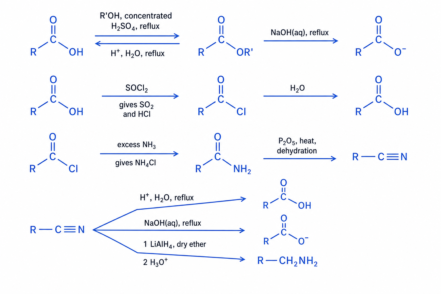 Reaction summary for carboxylic acid derivatives