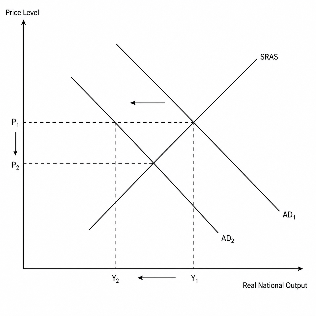 AD/AS diagram showing a leftward shift of the Aggregate Demand (AD) curve from AD1 to AD2. The vertical axis represents the Price Level (P), and the horizontal axis represents Real National Output (Y). The initial equilibrium is at the intersection of AD1 and the upward-sloping short-run aggregate supply curve (SRAS) at Price Level P1 and Real Output Y1. After the shift to AD2, the new equilibrium is at a lower Price Level P2 and lower Real Output Y2, showing a contraction in economic growth (real GDP decline).