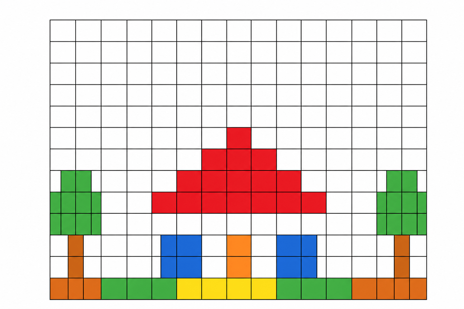 A bitmap image grid that is 12 columns wide and 10 rows high. The grid displays a simple graphic design using 5 different colours: red, blue, green, yellow, and orange.