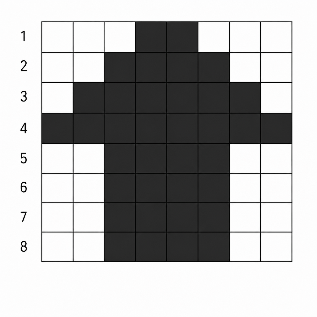 An 8x8 grid representing a house. Row 1: 3 white, 2 black, 3 white. Row 2: 2 white, 4 black, 2 white. Row 3: 1 white, 6 black, 1 white. Row 4: 8 black. Row 5: 2 white, 4 black, 2 white. Row 6: 2 white, 4 black, 2 white. Row 7: 2 white, 4 black, 2 white. Row 8: 2 white, 4 black, 2 white.