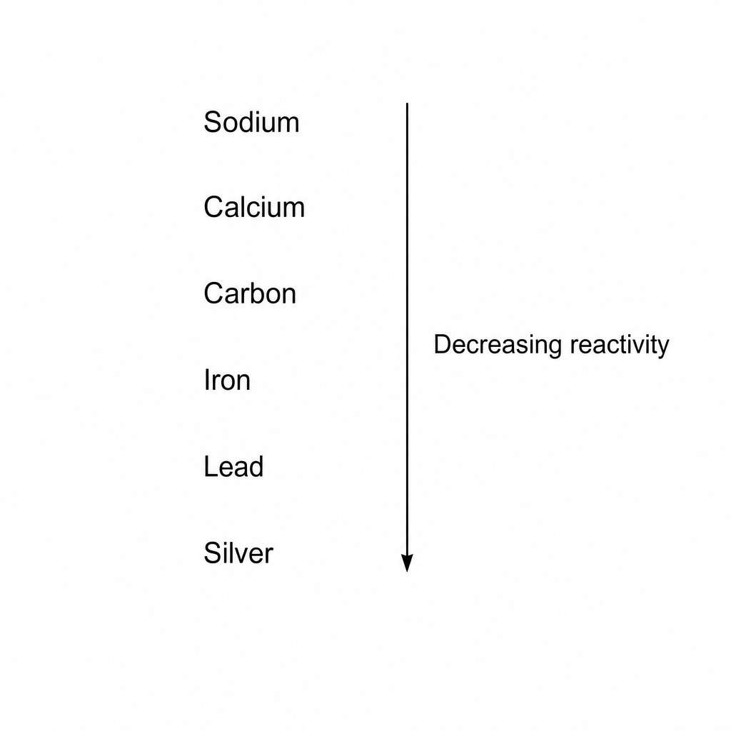 A reactivity series shown as a vertical list. From top to bottom: Sodium, Calcium, Carbon, Iron, Lead, Silver. A downward-pointing arrow to the right of the list is labeled "Decreasing reactivity".