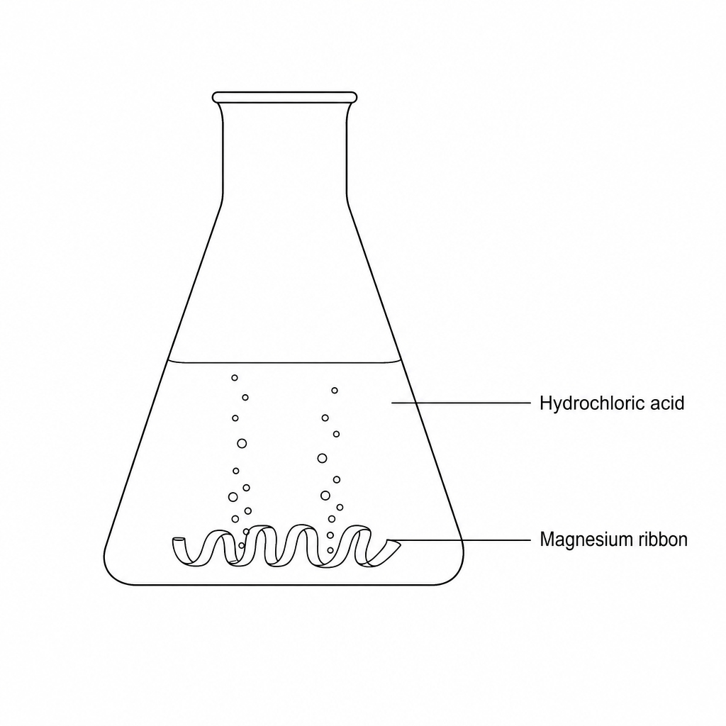 A conical flask containing dilute hydrochloric acid with bubbles of gas rising from a piece of magnesium ribbon at the bottom.