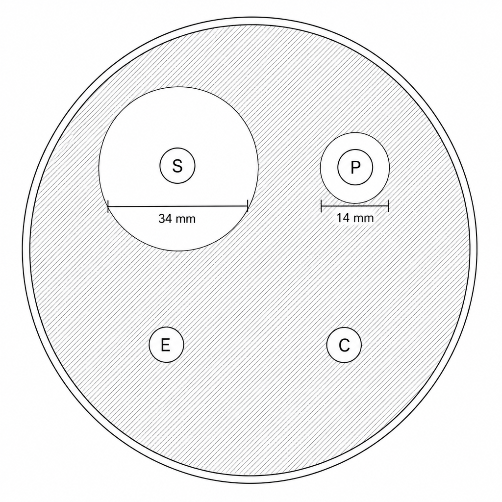 Agar plate with zones of inhibition around discs S, P, E, and C