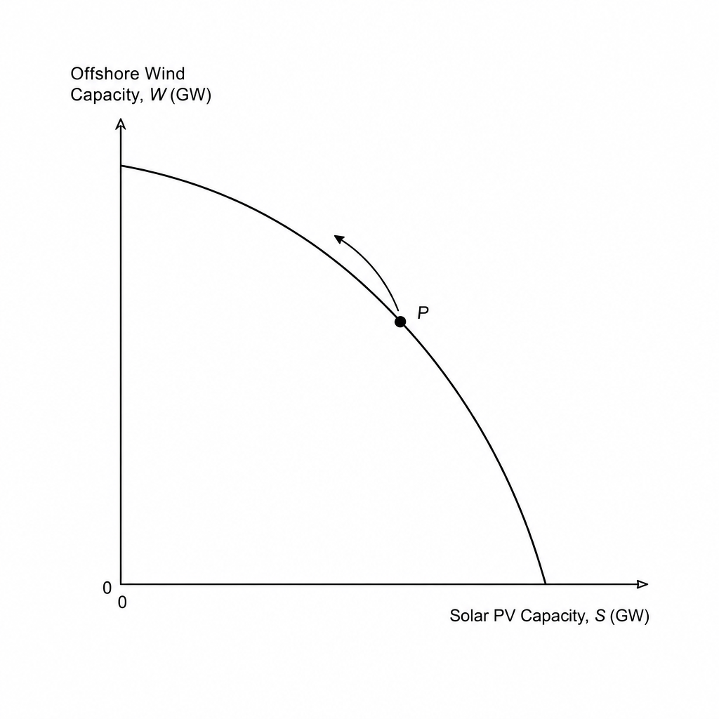 Production Possibility Frontier for Offshore Wind and Solar PV capacity