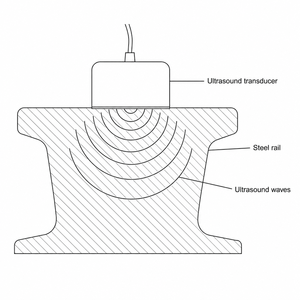 An ultrasound probe placed on top of a steel railway track emitting high frequency sound waves.