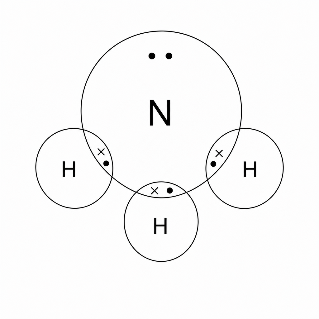 Dot-and-cross diagram of an ammonia molecule.