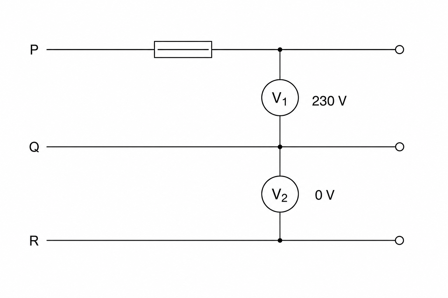 Wiring schematic showing three lines P, Q, R with voltmeters V1 and V2