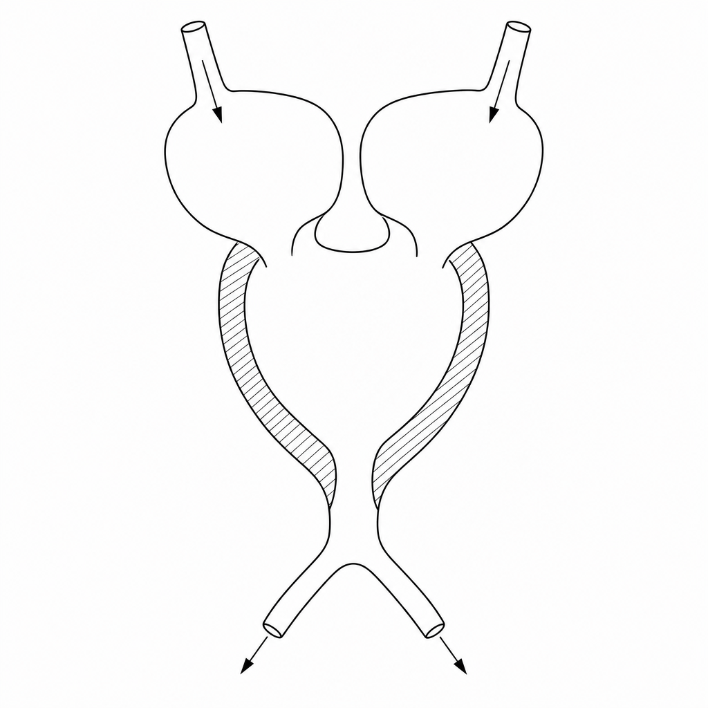 A simplified anatomical diagram of an adult amphibian's heart showing the chamber configuration and direction of blood flow.