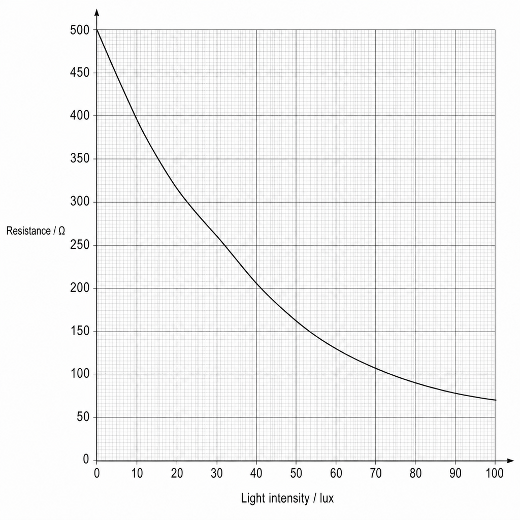 Graph showing a curve of resistance in ohms (Ω) on the y-axis against light intensity in lux on the x-axis. The y-axis ranges from 0 to 500 Ω with major grid lines every 50 Ω. The x-axis ranges from 0 to 100 lux with major grid lines every 10 lux. The descending curve starts near (0, 500) and smoothly declines through (20, 310), (40, 200), (60, 130), (80, 90), and ends near (100, 70).