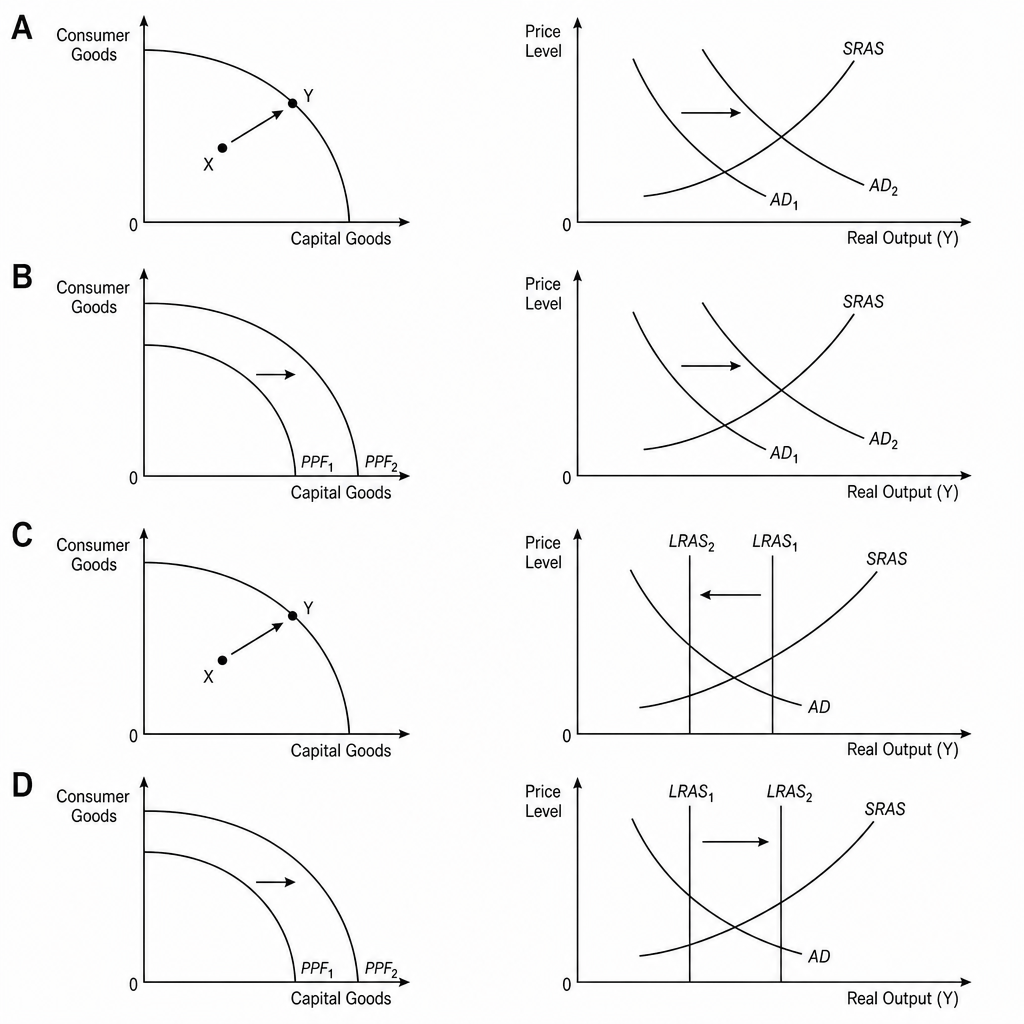 Four pairs of macroeconomic diagrams, labelled A, B, C, and D. Each pair contains a Production Possibility Frontier (PPF) graph and an Aggregate Demand/Aggregate Supply (AD-AS) graph.