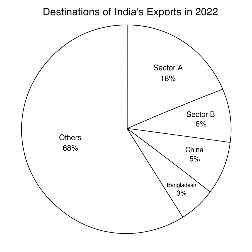 Figure 1a: A pie chart titled 'Destinations of India's Exports in 2022'.
