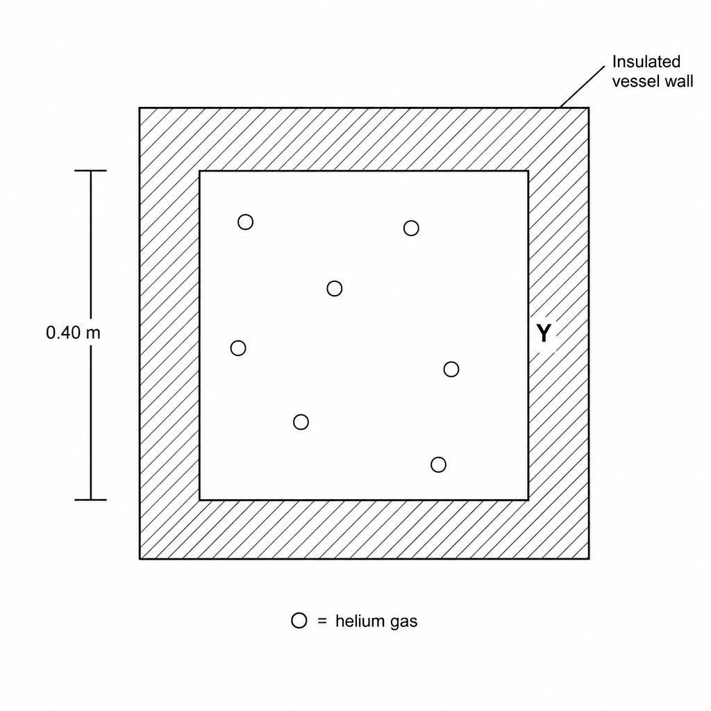 A schematic diagram showing a square-shaped cross-section of a containment vessel. Inside is a gray shaded square representing a cubic internal chamber with side length labeled 0.40 m. The chamber is labeled as filled with helium gas, and its right-hand vertical wall is labeled Y.