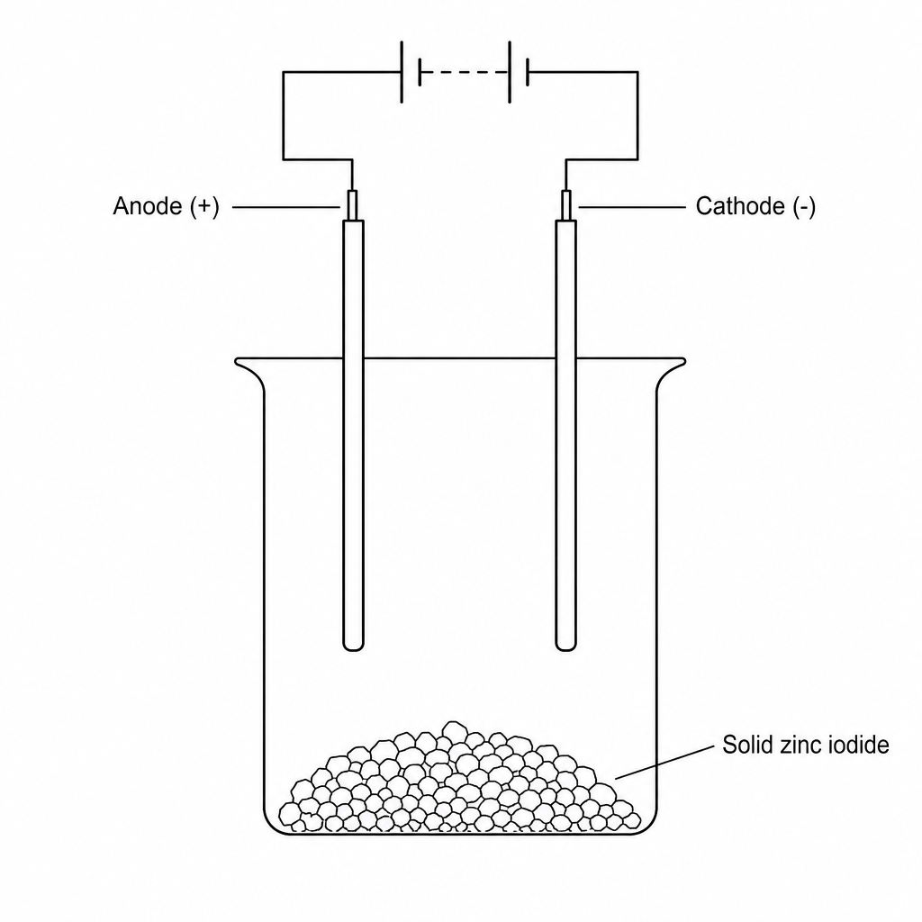 A schematic diagram of an electrolysis setup. Inside a glass beaker, there is a pile of circular grains representing solid zinc iodide at the bottom. Two thick vertical rod electrodes, labeled "Anode" (on the left, connected to a positive + terminal) and "Cathode" (on the right, connected to a negative - terminal), are hanging above the solid pile. The bottoms of the electrodes do not touch the solid zinc iodide. No heating device is present. Labels: Anode, Cathode, Solid zinc iodide.