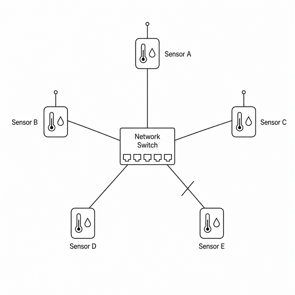 Star network topology with sensors and central switch