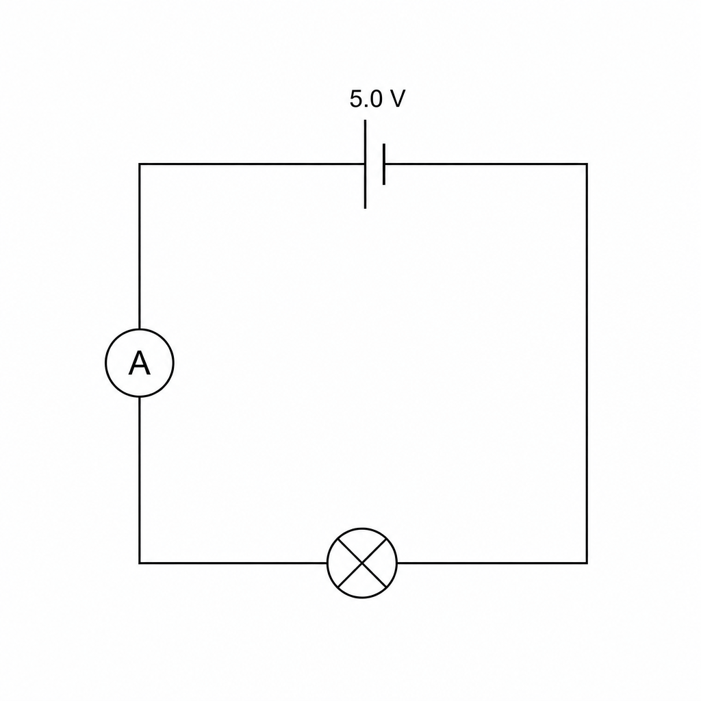 A circuit diagram with a single loop containing a DC power source (battery) labeled 5.0 V at the top, an ammeter on the left wire, and a single lamp (represented by a circle with an X inside) on the bottom wire.