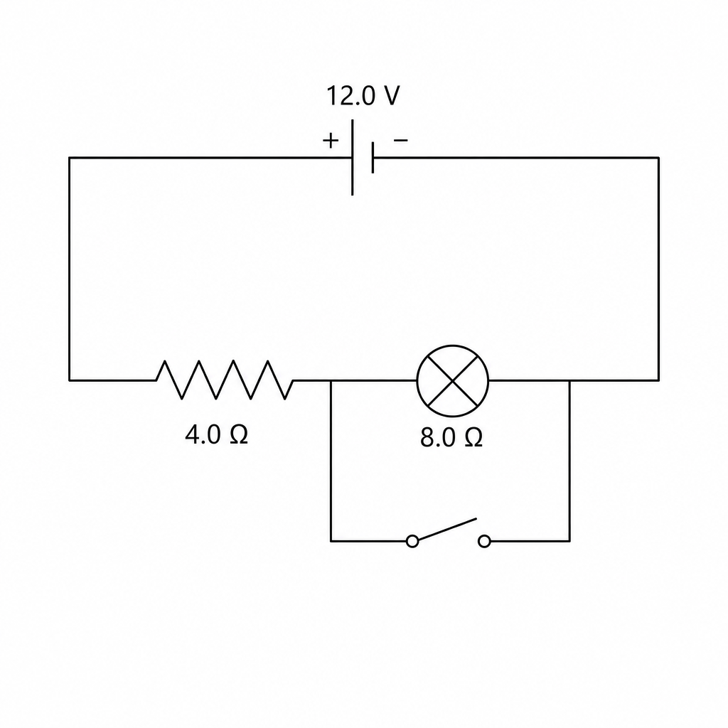 An electrical circuit diagram displaying a 12.0 V battery at the top. The circuit contains a resistor rated at 4.0 ohms connected in series with a lamp rated at 8.0 ohms. A switch is connected in parallel across the lamp.