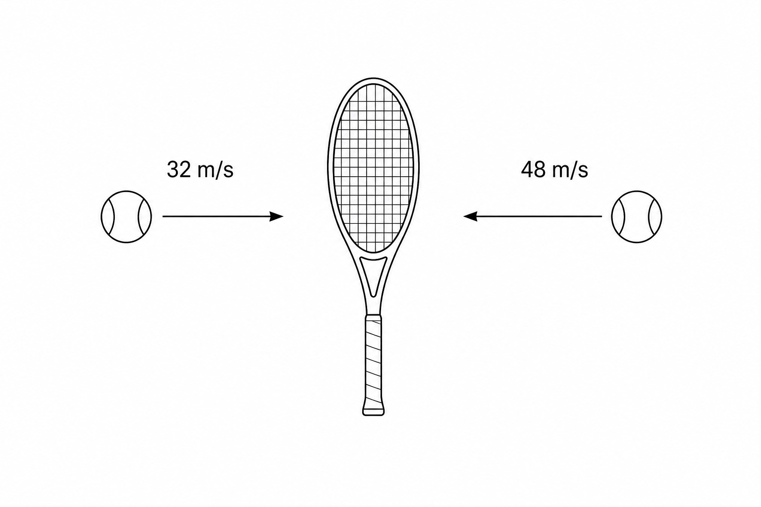 Diagram showing a tennis ball travelling towards a tennis racket at 32 m/s and then moving away in the opposite direction at 48 m/s.