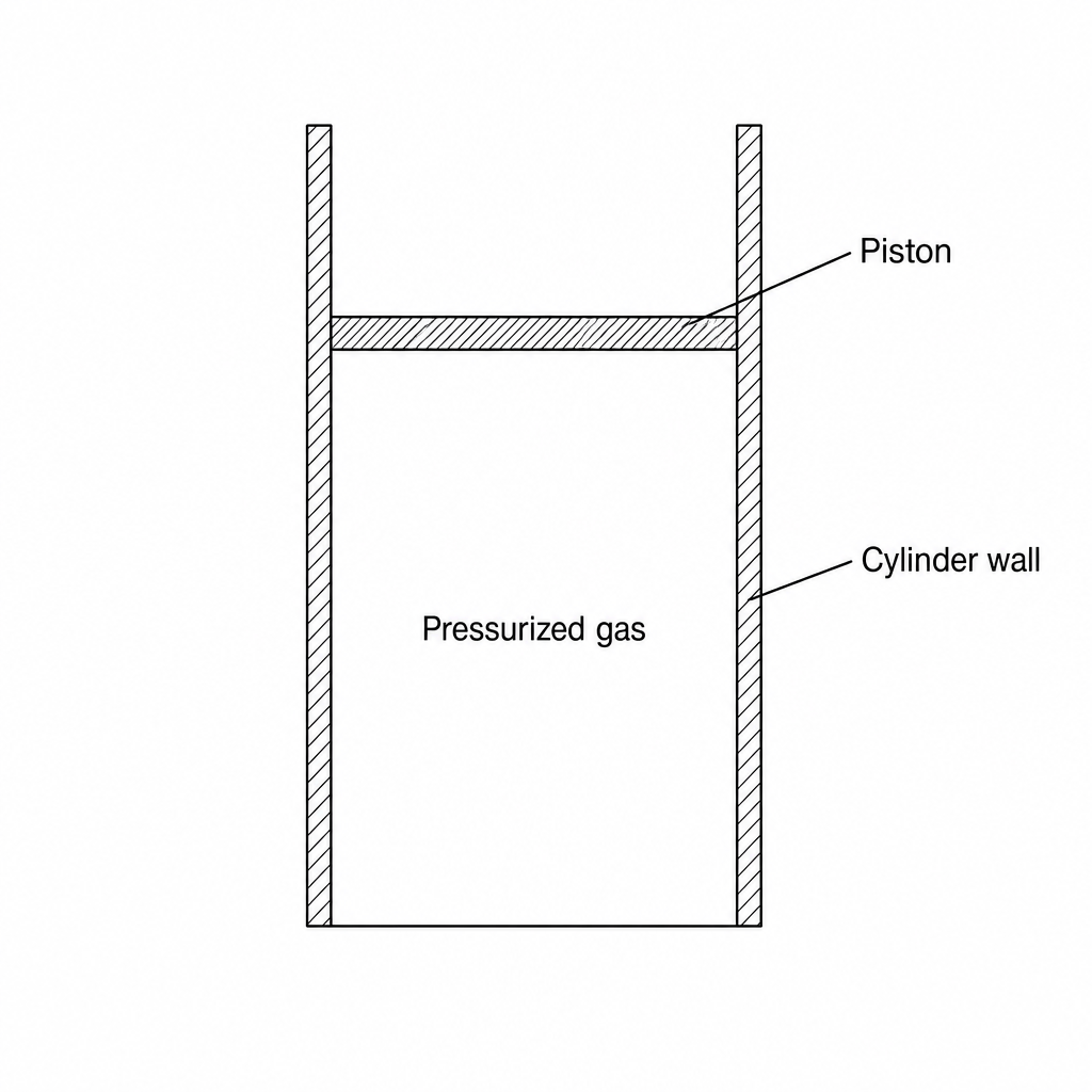 A cylinder with a piston and pressurized gas inside