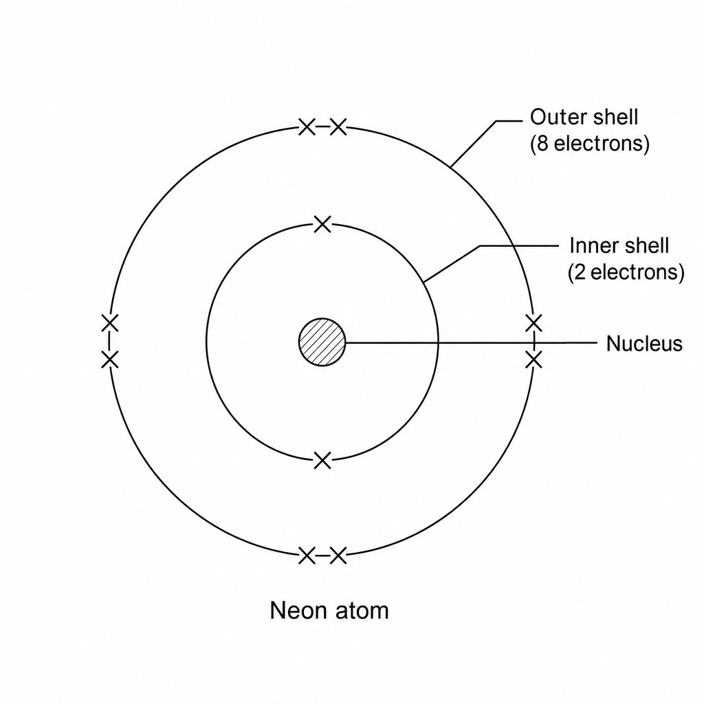 Diagram showing a neon atom with a central nucleus and two concentric circular electron shells. The innermost shell contains 2 electrons, and the outermost shell contains 8 electrons.