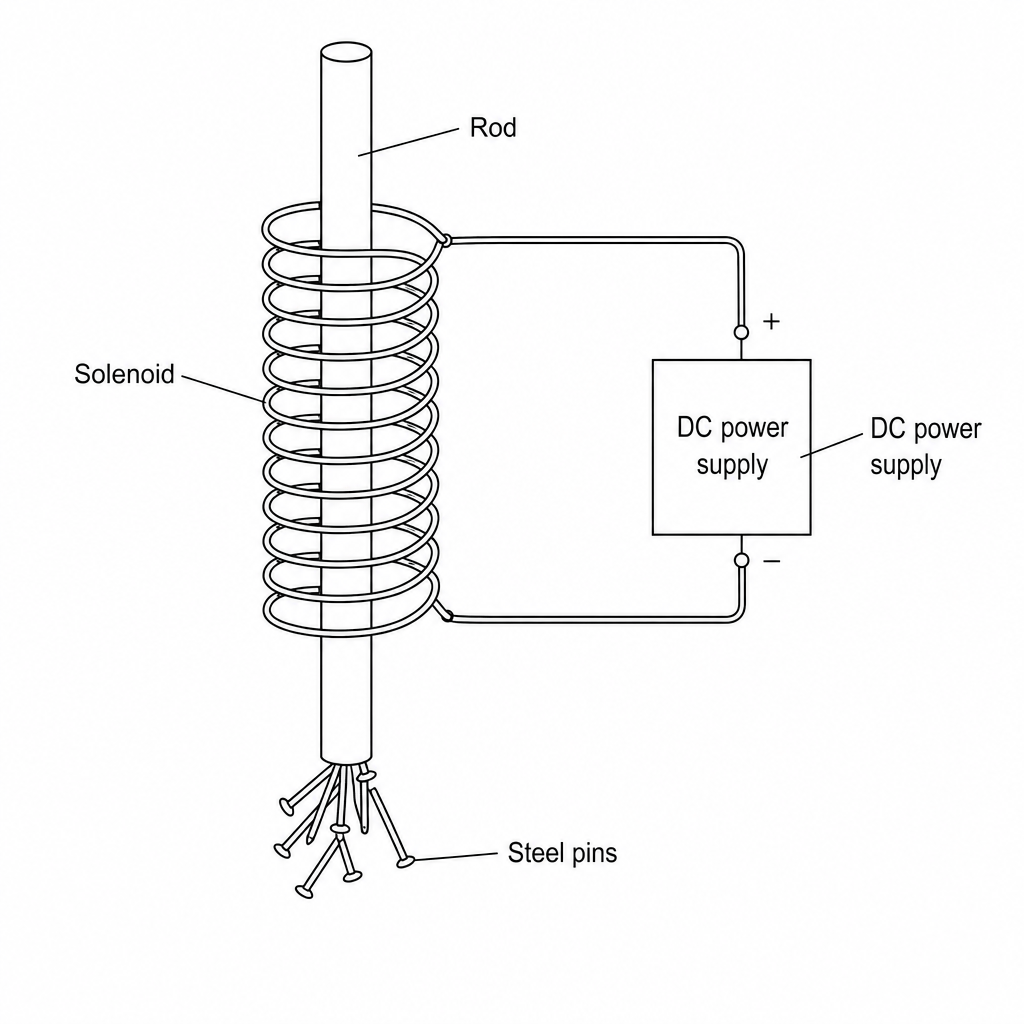 An experimental diagram showing a vertical rod placed inside a solenoid coil connected to a DC power supply. The bottom end of the rod is shown attracting small steel pins.
