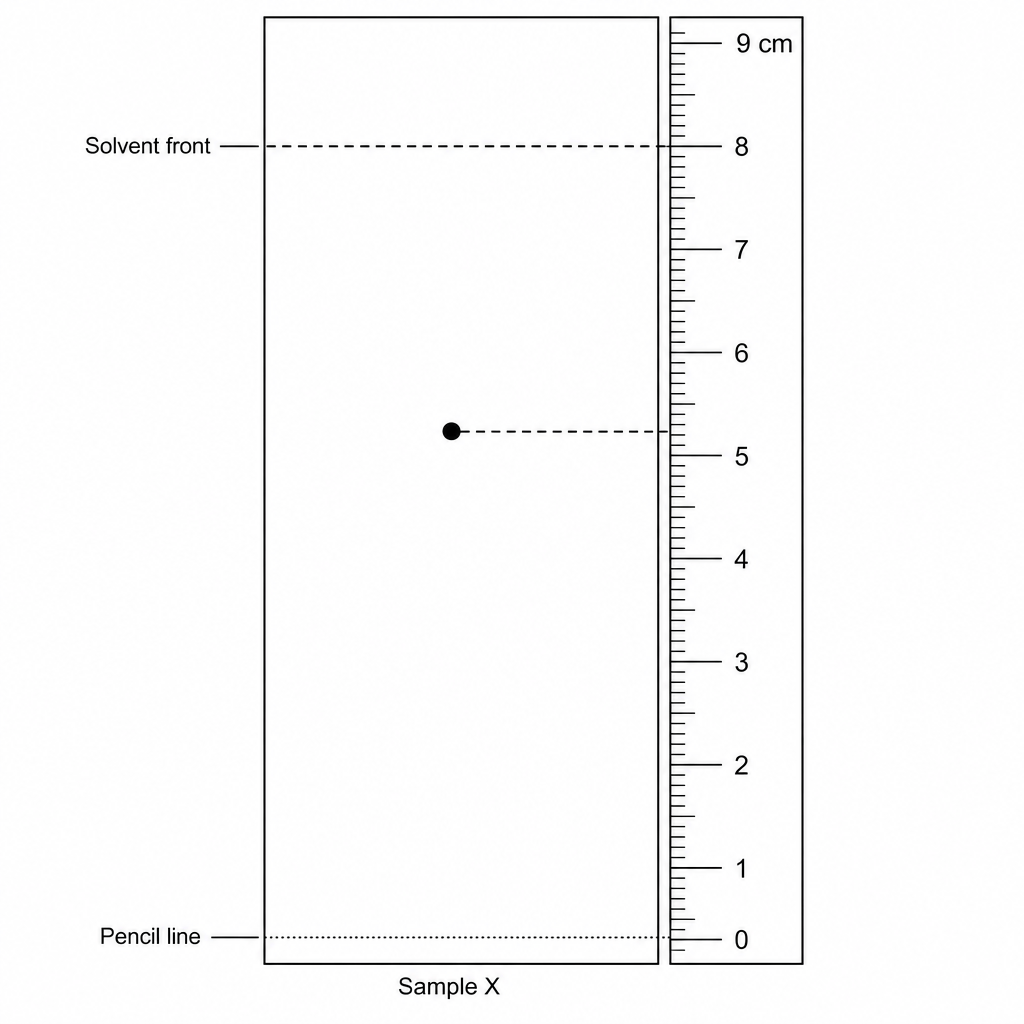 A paper chromatography diagram with a ruler next to it. The ruler is graduated in centimeters from 0 to 9, with millimeter tick marks. The 0 cm line of the ruler is perfectly aligned with the horizontal dotted pencil line at the bottom of the chromatography paper, labeled 'Pencil line'. A single dark circular spot is on the paper above the pencil line, with its center aligned with the 5.2 cm mark on the ruler. Above the spot is a horizontal dashed line labeled 'Solvent front', which is aligned with the 8.0 cm mark on the ruler. At the bottom of the paper, underneath the pencil line, is the text 'Sample X'.