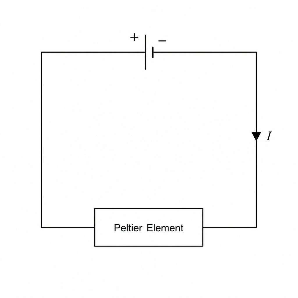 Figure 1: A simple circuit diagram consisting of a single loop. A d.c. power supply is at the top of the loop, and a Peltier element is at the bottom of the loop.