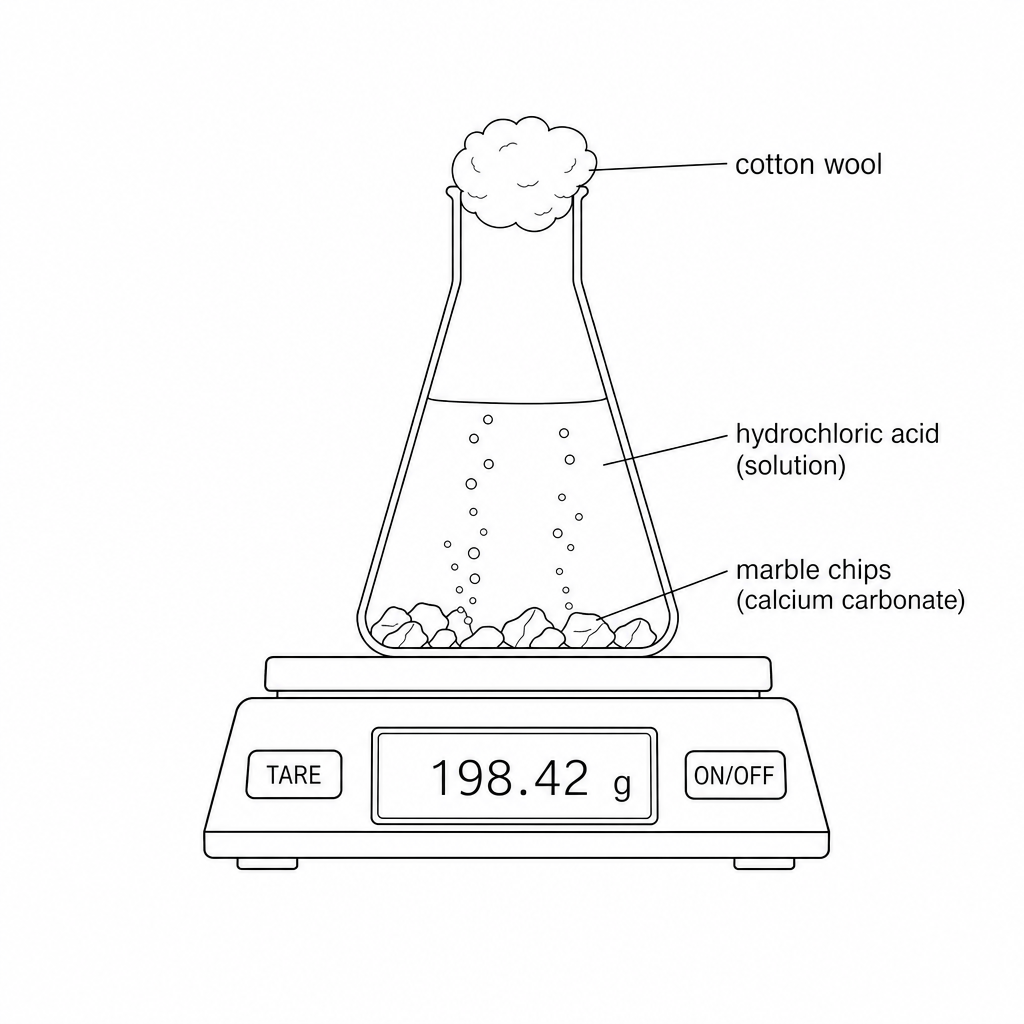 Experimental setup of a reaction on a digital balance