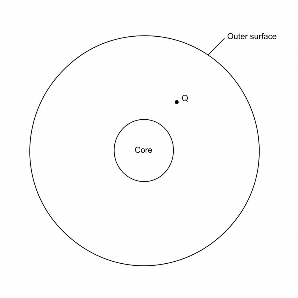 A cross-section of a spherical star. Point Q is located inside the star, midway between the centre of the star and its outer surface.