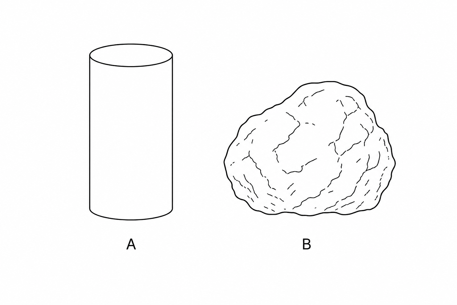 On the left is Object A, a smooth, regular cylinder standing vertically. On the right is Object B, an irregular, bumpy rock-like object.