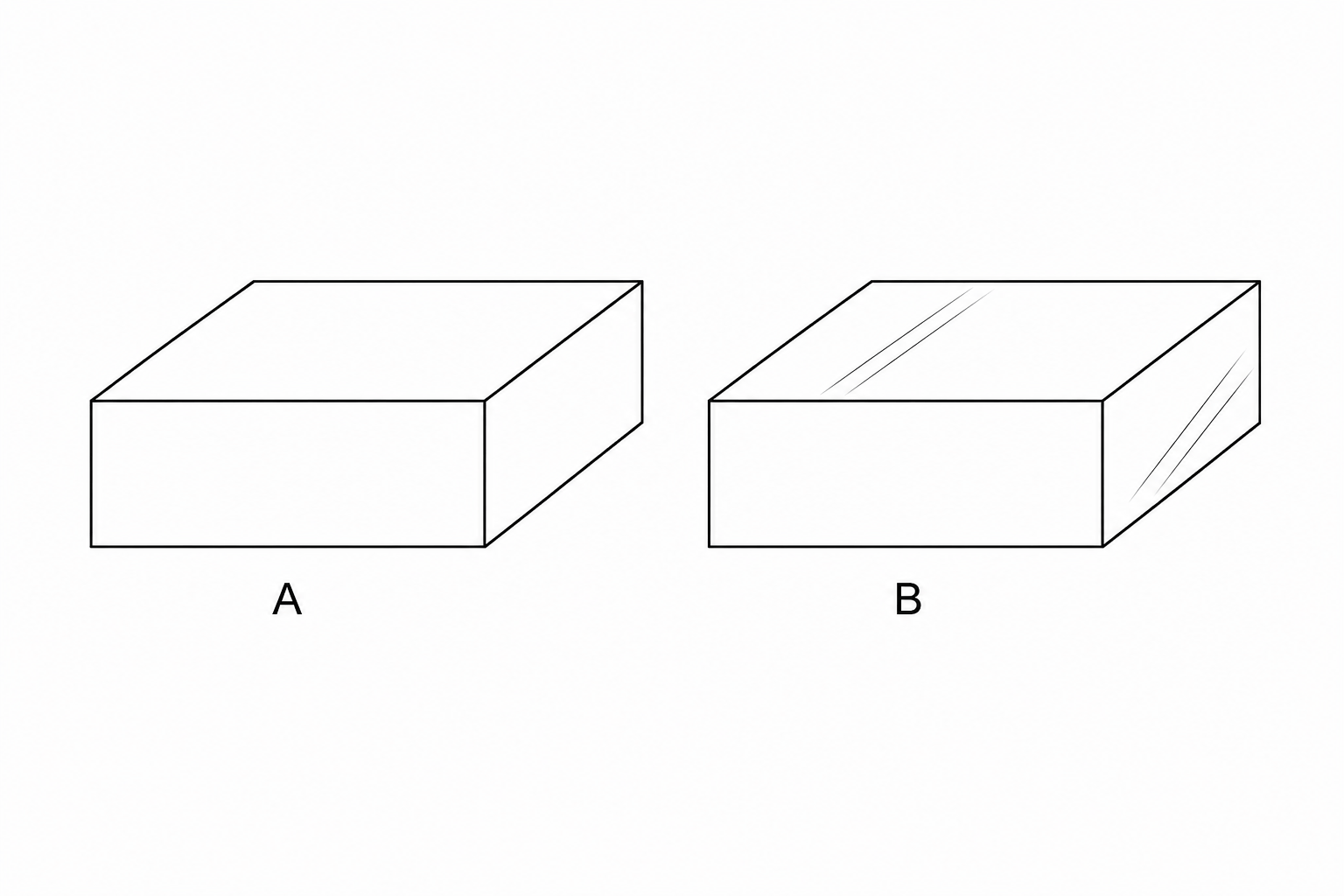 Figure 1: Two solid metal blocks, block A (painted matte black) and block B (painted shiny silver.)