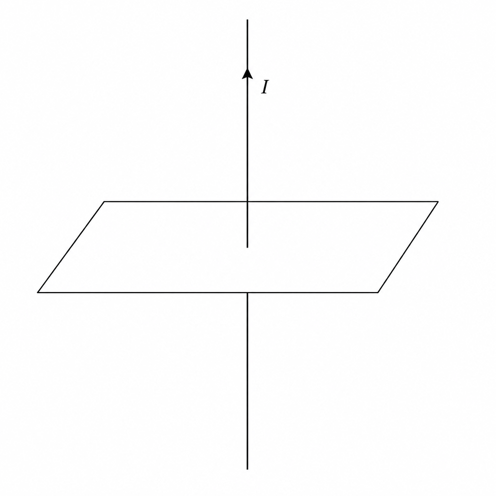 A long vertical wire passing through a horizontal plane, with an arrow pointing upwards on the wire indicating the direction of the current.