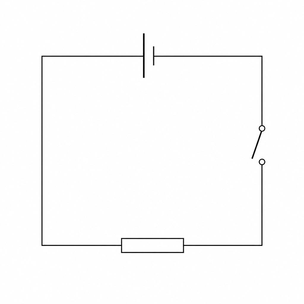 A schematic diagram of a simple series circuit showing a cell at the top, a switch on the right, and a resistor at the bottom connected in a single loop.