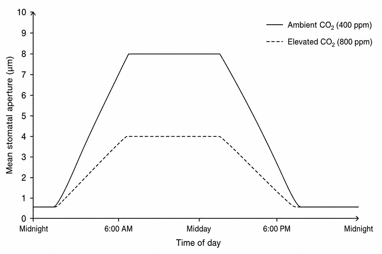 Figure 1: Mean stomatal aperture over a 24-hour period under ambient and elevated CO2 conditions.