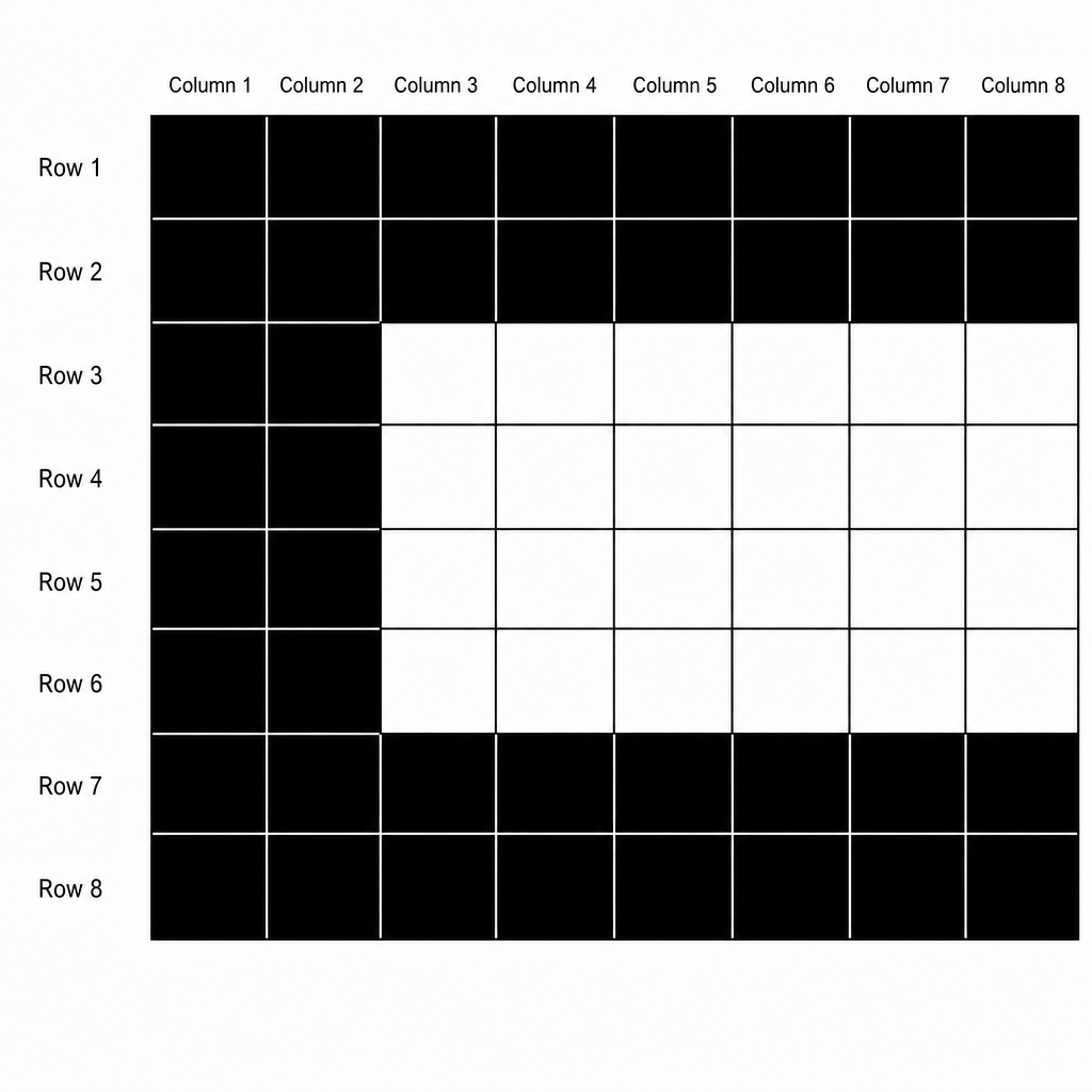 Figure 1: An 8x8 monochrome bitmap image displaying a blocky letter 'C' shape. Columns 1 to 8 from left to right, rows 1 to 8 from top to bottom. Rows 1, 2, 7, and 8 have black pixels in all columns. Rows 3, 4, 5, and 6 have black pixels in columns 1 and 2, and white pixels in columns 3, 4, 5, 6, 7, and 8.