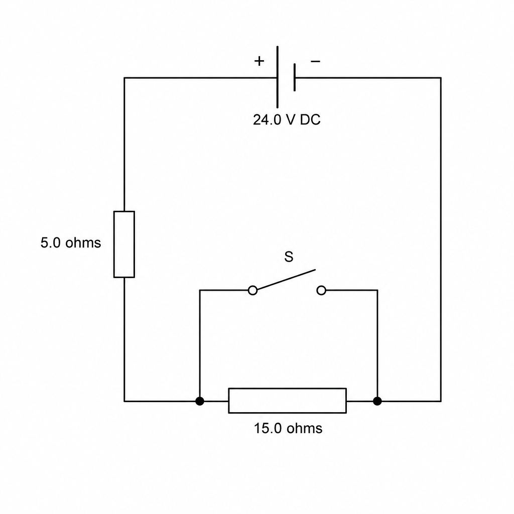 Electrical control circuit with a 24.0 V battery, a 5.0 ohm resistor, a 15.0 ohm heating element, and a switch S connected in parallel across the heating element.